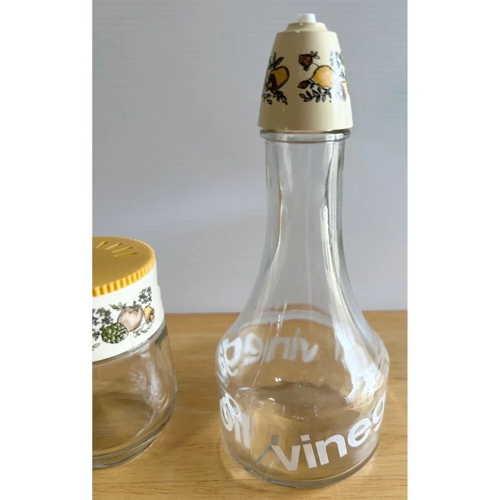 Gemco Oil & Vinegar Jar SET VTG Glass Cruet & Spice Fruit&Vegetable Design‎ READ